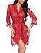 Produktbild Lucyme Dessous Kimono Robe mit Slip und Gürtel Spitze Lang Ärmel Transparente Damen Nachtwäsche- Gr .L, Rot