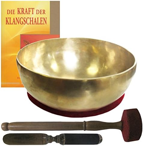 Singing Bowl Himalaya 4-Piece Massage Set with Book Therapy Singing Bowl: Flex/Universal Bowl | Hand-Crafted from Nepal Approx. 900 – 1000 g (20 22 cm Diameter # 70205 Cushion Wooden Leather Beater.