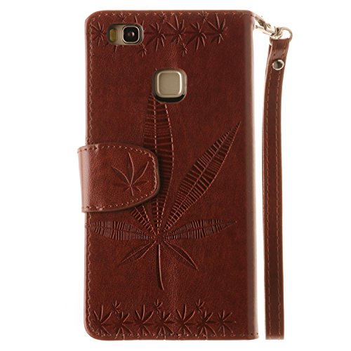 Huawei P9 Lite Hülle,Cozy Hut Bunte Retro Ahornblatt Muster Druck Buch-Stil Bookstyle Flip Magnetverschluss Brieftasche Geldbörse Wallet Kreditkarte ID Card Slots PU Leder Beschützer Haut Schutzfolie Schutzhüllen Case Tasche Hülle Etui Schale Ständer Hülle Case mit Weich TPU Innere Hülle Case für Huawei P9 Lite (5,2 Zoll) – Brown-Ahornblätter - 2
