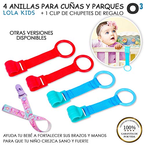 O³ Anillas Para Cunas Y Parques 4 Unidades + 1 Cadena Chupetes Lola Kids - 3 Versiones - Agarraderas Para Parques Bebes - Ayuda a Bebé a Ponerse de Pie Fácilmente - Mejora Motricidad - Niña