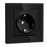 BSEEDLIFE Wall Plug, European Standard Schuko Plug, 86 x 86 mm 1 Gang 16A, Glass Frame, Easy Installation, Black