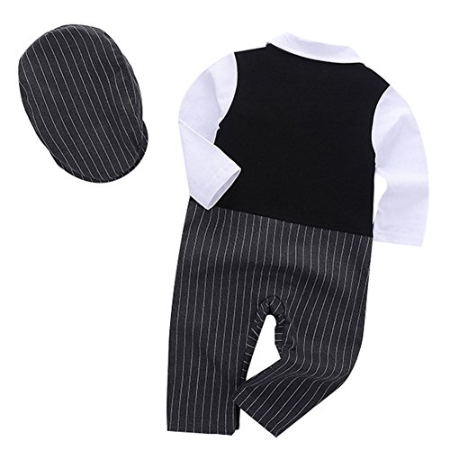 Baby Jungen Strampler Smoking Gentleman Anzug Langarm Outfits Herbst-Frühling Kleidung Jumpsuit Spielanzug Fliege Taufkleidung mit Hut (Grau, 90/9-12 Monate) - 3