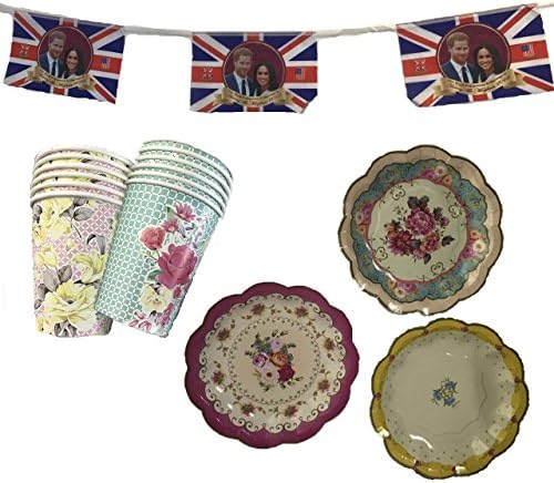 B4E Set of 12 Vintage Cake Plates and Cup Set including a Commemorative Royal Wedding Bunting