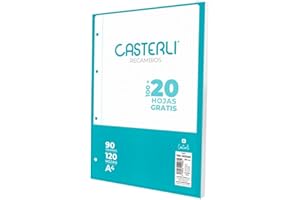 CASTERLI 72617 - Recambio 120 Hojas con margen. Tamaño A4, 4 Taladros, Papel de 90 gr (CUADROS 4X4 MM, A4)