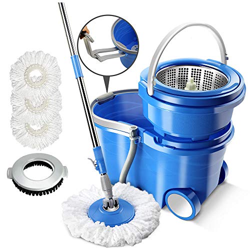 Balai Magique Seau et Balai Essoreur avec Roulettes avec 3 Têtes de Balai en Microfibre et 1 Tête de Brosse en Acier Inoxydable Rotative à 360°, 12L Masthome
