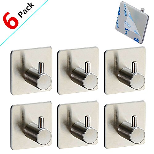 Handtuchhaken, FTUNG 6 Stück Edelstahl Haken, Selbstklebend Haken, Bad und Küche Handtuchhalter, Wasserdicht Kleiderhaken Ohne Bohren, Edelstahl rostfrei (4,5X4,5cm, 80g)
