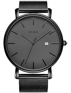 BUREI Herren Damen Armbanduhr Dünne dunkelgrau Quarzuhr mit Datum Kalender und Schwarz Edelstahl Mesh Armband...