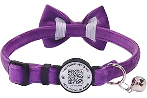 THAIN Personalised Cat Collar with bell and Bowtie Breakaway QR Code Name Smart ID tag quick release soft comfortable collar for cats and kittens (Purple)