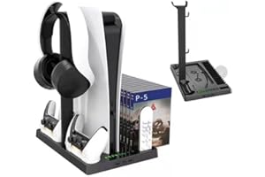 WIKIMARK Soporte para PS5 con 2 Ventiladores de Refrigeración, Cargador Rápido para 2 Mandos PS5, Soporte para Auriculares PS5, 2 Salidas USB y 1 Salida USB-C Delanteras, Indicadores LED de Carga.