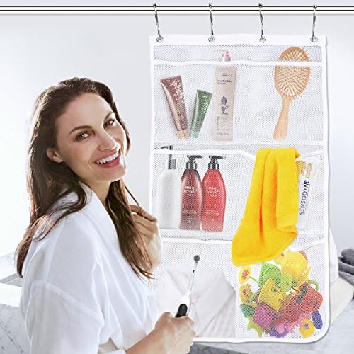 Mesh Shower Caddy,Quick Dry Hanging Bath Organizer with 6 Pockets, Hang on Shower Curtain Rod / Liner Hooks, Shower Organizer Mesh Shower Organizer,White(60cm x35cm) (White)
