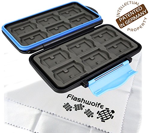 Flashwoife Turtle-SD12MSD24 wasserdichte Speicherkarten Schutzbox für 12 Stück SDHC und 24 Stück MicroSD Cards Case in schwarz + extra feines Mirkofaser (Nanofaser) Reinigungstuch (200 x 200 mm, waschbar)