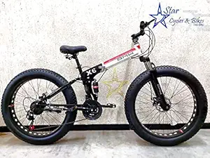 Shanti A1 Fat tyre Folding Bike (Unisex) , Dual Suspension with 26X4 INCH Wheels and with 21 Speed Gears 26T Fat Tyre Cycle (21 Shimano Gear, Red & White)