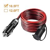 HowiseAcc 12V 24V 5m/16.5Ft câble d'extension pour Prise Allume-Cigare avec Bouchon Anti-poussière étanche - Noir et Rouge
