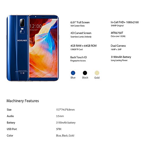 KOOLNEE K1 4G LTE Smartphone 6 Zoll 18: 9 FHD + Display, Octa-Core 4GB RAM+64GB ROM 16MP + 2MP Dualhauptkameras Fingerabdruck-ID 3190mAh Akku,Band 20 Dual SIM Ohne Vertrag