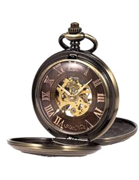 ManChDa Herren Taschenuhr Bronze 3D Dampf Zug Eisenbahn Muster Fall Doppel Hunter Burlywood Zifferblatt Mit Cowboy-Kette...