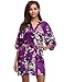 Produktbild Aibrou Damen Morgenmantel Satin Nachtwäsche Bademantel Kimono Negligee Seidenrobe Schlafanzug Kurz Mit Peacock und Blumen Violett XL