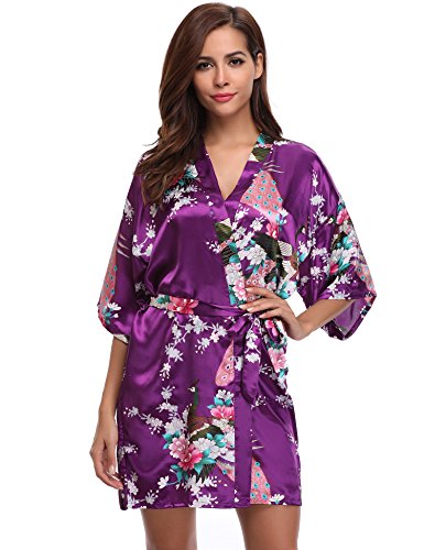 Preisvergleich Produktbild Aibrou Damen Morgenmantel Satin Nachtwäsche Bademantel Kimono Negligee Seidenrobe Schlafanzug Kurz Mit Peacock und Blumen Violett XL