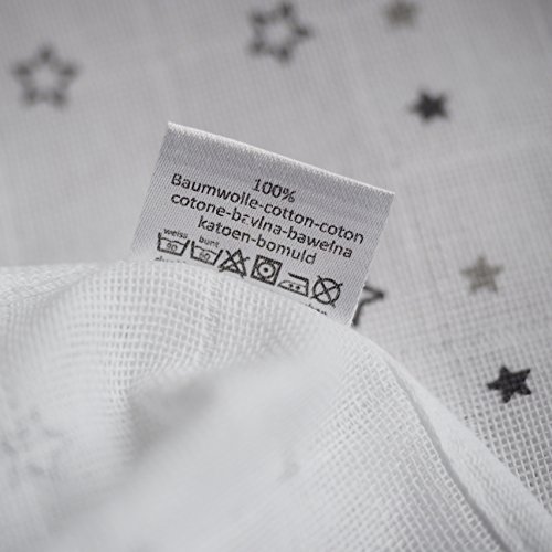 3 Stück – Mullwindeln / Spucktücher / Stoffwindeln, 70 x 70 cm – bedruckt – Sterne Grau, doppelt gewebt mit verstärkter Umrandung, maschinenwaschbar bis 60° C, Öko-Tex Standard 100 - 6