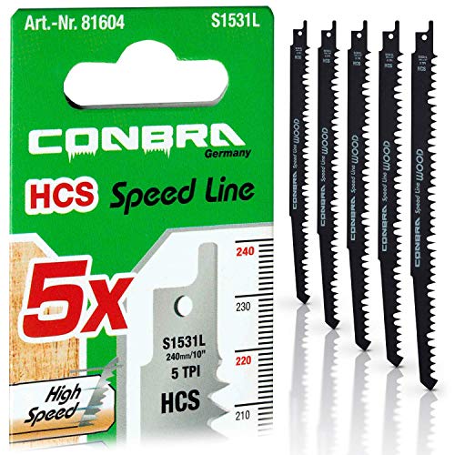 CONBRA ® Hoja de sierra recíproca para madera - 240 mm de largo - perfecto para cortes rápidos y rectos - apto para Bosch, Dewalt, Makita & Black y Decker Sawer Saws - 5 piezas hoja de sierra de sable