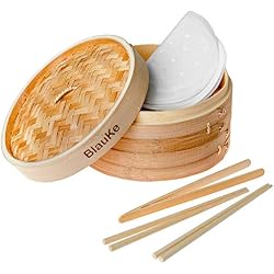 Panier Vapeur Bambou 25cm avec 2 Paires de Baguettes Réutilisables, 50 Papiers de Cire et Pinces - Cuiseur Bambou Avec 2 Etages et Couvercle- Panier à Vapeur en Bambou pour la Cuisson de Boulettes Riz