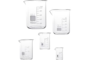 LATRAT 5stk Abgestufter Messbecher Glas Becherglas, Becherglas Borosilikatglas Bechergläser für Labor Laborglas Hitzebeständig Labor Messbecher Glas, 5ml 10ml 25ml 50ml 100ml Set
