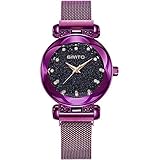 SW Watches GIMTO Sternhimmelkristall Frauenuhren Luxusmarke Quarz Damenuhr Mesh Casual Armbanduhr Roségold,Purple