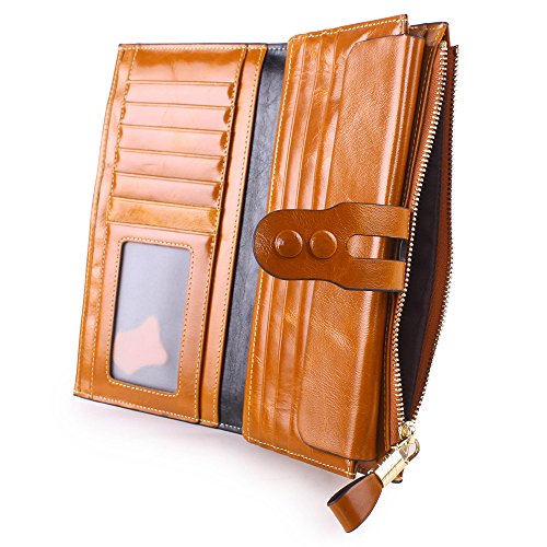 FNTSIC Women's Leather Purse Long Purse Ladies Wallet with Card Holder (Brown)