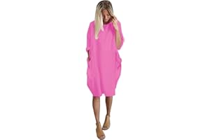 AMDOLE Women's Pocket Loose Dress Ladies Round Neck Casual Knee Length Dress Casual Dress with Belt