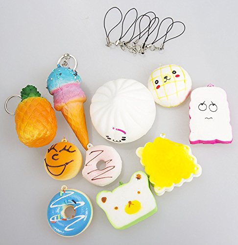 VWH Random 10 Stück Squishy Creme Duftend Langsam Steigende Kawaii Simulation Brot Kinder Spielzeug Jumbo Medium Mini Soft Squishy Kuchen, Panda, Brot, Brötchen Telefon Straps (10P Donuts) - 4