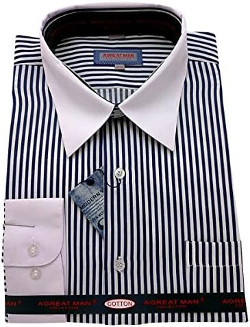 AGREAT MAN Men's Striped Cotton Shirt Formal Contras Collar (44/45 - 17.5 - XXL, Navy)