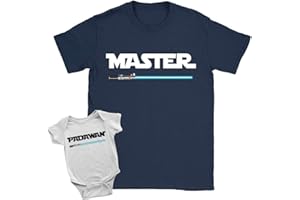 KICKASS TEES Master + Padawan Duo Babygrow and T-Shirt 0-3m Babygrow | Medium T-Shirt White + Navy Star New Baby Arrival Father Gift Wars