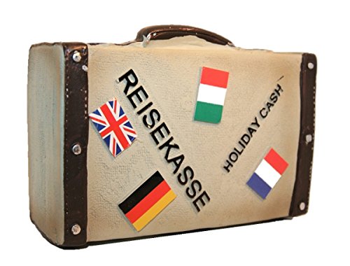 Spardose Reisekoffer in Grau mit Länderstickern 14 x 11,5 x 5,5 cm