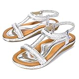  Camfosy Damen Flach Sommer Zehentrenner,Strand Sandalen Elastischen Gemütlich Webmuster Schuhe Bunt Strass Knöchelriemchen Freizeit Urlaub rutschfest Sommer - Schwarz Beige Blau Silber 41 EU