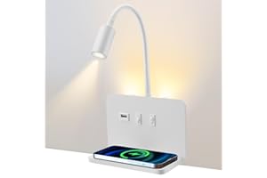 STRIXORN Lámpara de lectura de pared con cargador inalámbrico, 9W+3W Aplique cabecera de cama con interruptor y carga USB, lámpara de lectura de pared lectura flexible moderna lámpara de pared dormitorio
