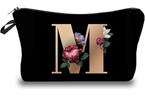 LARFRAECY A-Z - Bolsa de Maquillaje Personalizada con Inicial,Bolsa de Maquillaje Personalizada,Bolsa de Maquillaje A-Z,Neceser de Maquillaje para Mujer,Neceser con Monograma Dorado en Negro (M)