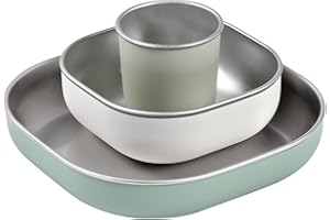 BÉABA, Coffret Repas Bébé Enfant Inox, 3 Pièces, Verre + 2 Assiettes, Compatible Micro-Ondes et Lave-Vaisselle, Sain et Solide, Léger, Incassable, Anti-dérapant avec Housse en Silicone, Sage Green