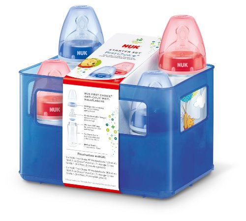 NUK Disney Winnie + First Choice Starter Set with 4 Anti - Colic wide-necked bottles ( 2x 150ml and 2x 300ml ) with silicone teat and bottle box