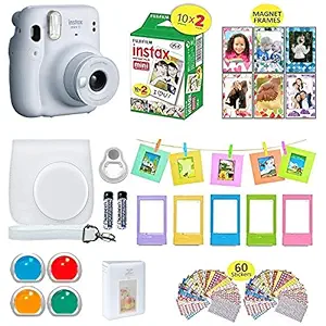 Fujifilm Instax Mini 11 Instant Camera Ice White + Shutter Compatible Carrying Case + Fuji Film Value Pack (20 Sheets) + Shutter Accessories Bundle, Color Filters, Photo Album, Assorted Frames