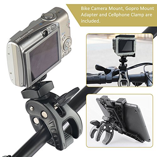 UTEBIT DSLR Camera Clamp Max Load 2.5Kg + Cellphone Tripod Adapter Set 5.4-10.2cm Smartphone Tripod Mount for 4-6.8 Inch Phone 17-35mm Bicycle Handlebar Mount for Pipe, Bike Motorcycle Handbar