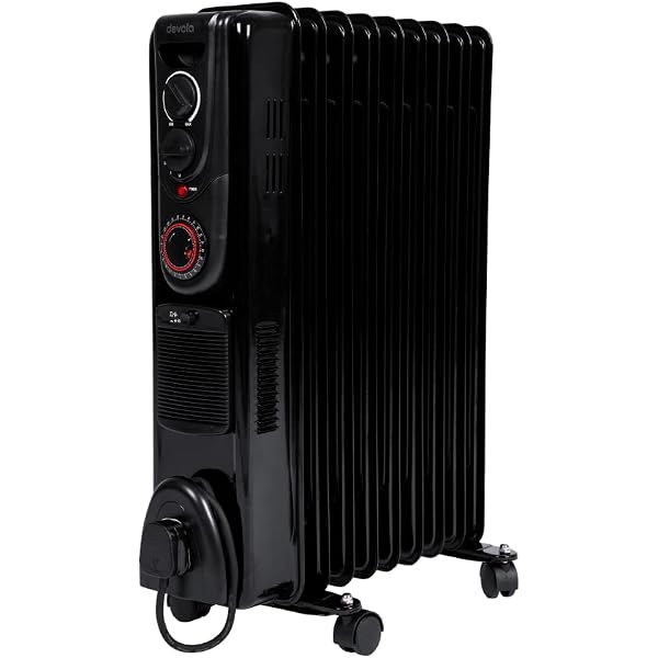 Devola 2500W 9 Fin Oil Filled Radiator, Low Energy Electric Heater with  Thermal Fuse for Overheat Cut Off, Adjustable Heating Dial, Turbo Heating  Option via PTC Fan, 24 Hour Timer - DVSOR9F25B (