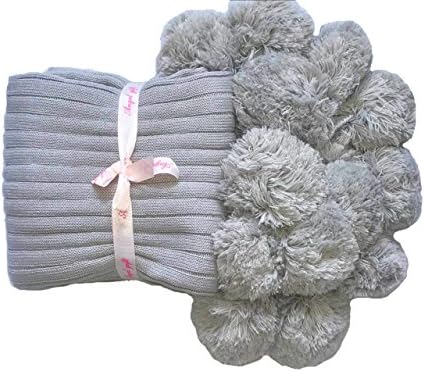 AliceHome Cozy Knitted Throw Blanket With Big Cute Pompom for Watching TV or Nap on Chair,Sofa and Bed (Grey, 100cm*105cm)