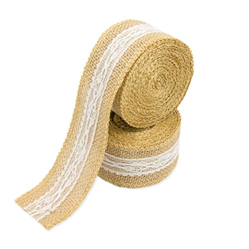 2er SET Jute-, Geschenkband mit Spitze für Weihnachtsgeschenke, Blumensträuße und zur Dekoration, Hochzeitsdekorationen, Tischverzierung oder Geburtstagspresente, Schleife, Farbe: Natur/weiß