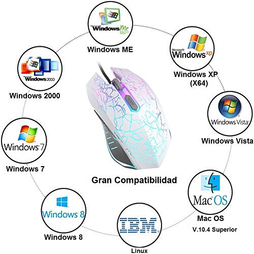 VersionTECH  Rat  n Gaming con Cable hasta 2400 DPI Rat  n Ergon  mico   ptico para Juegos con 7 Colores Luz LED 6 Bot  n Gaming Mouse Wired para PC Ordenadores Port  til Mac Blanco 