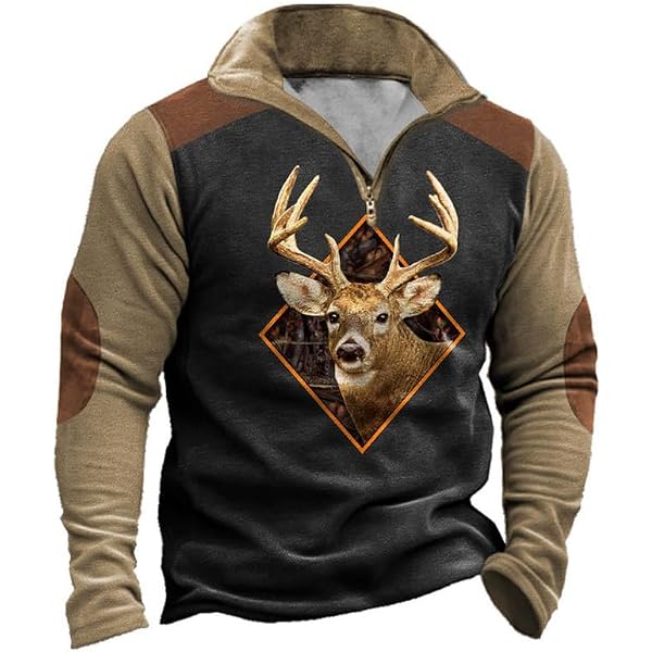 Sweat-shirt Vintage Cerf De Chasse Pour Homme - Col Montant, Coupe Ample, Manches Longues - Style Rétro Décontracté