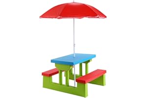 COSTWAY Conjunto de Mueble de Jardín para Niños Plegable Mesa y Banco de Picnic con Parasol para Infantil Juguete (Azul y Verde)