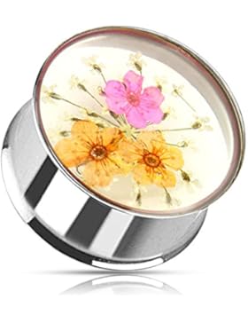 Paula & Fritz® Plug Double Flared aus Edelstahl Chirurgenstahl 316L getrocknete Blume pink, orange in Acryl 10...