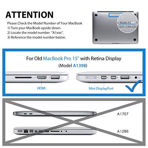 LENTION Matte Hartschale für MacBook Pro (Retina, 15″, Mitte 2012 zu Mitte 2015) Modell-A1398, LENTION Durchsichtige Plastikabdeckung & Schale für Mac Book Laptop, matte Hülle mit Gummifüßen, mit Anti-Staub Port Stecker – Transparent Schwarz - 2