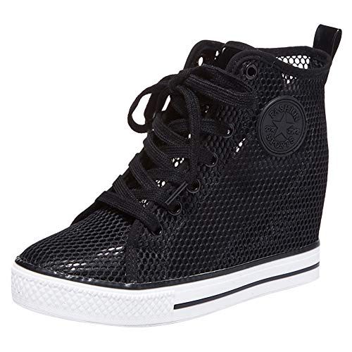 Generic Mujer Respirable Cuña Talón Oculta Negro Nylon Entrenadores Zapatos 6856 EU36