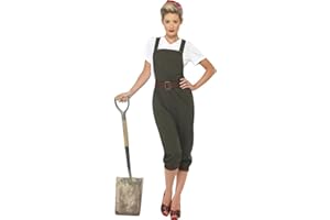 Smiffys WW2 Land Girl Costume, Green Top, Dungarees and Headscarf, 1940's Wartime Fancy Dress, 1940s Dress Up Costumes
