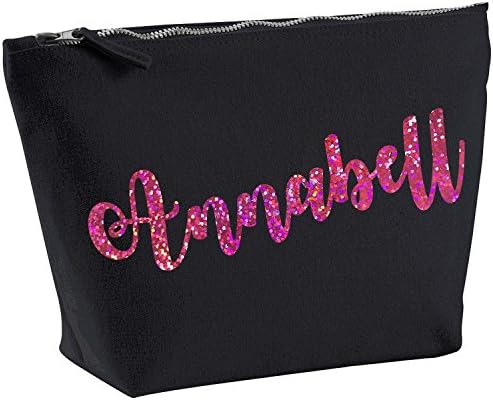 Annabell Personalised Name Cotton Canvas Black Make Up with a Holographic Pink Print Accessory Bag Wash Bag Size 14x20cm. The perfect personalised Gift for All occasion, Christmas, Birthdays,